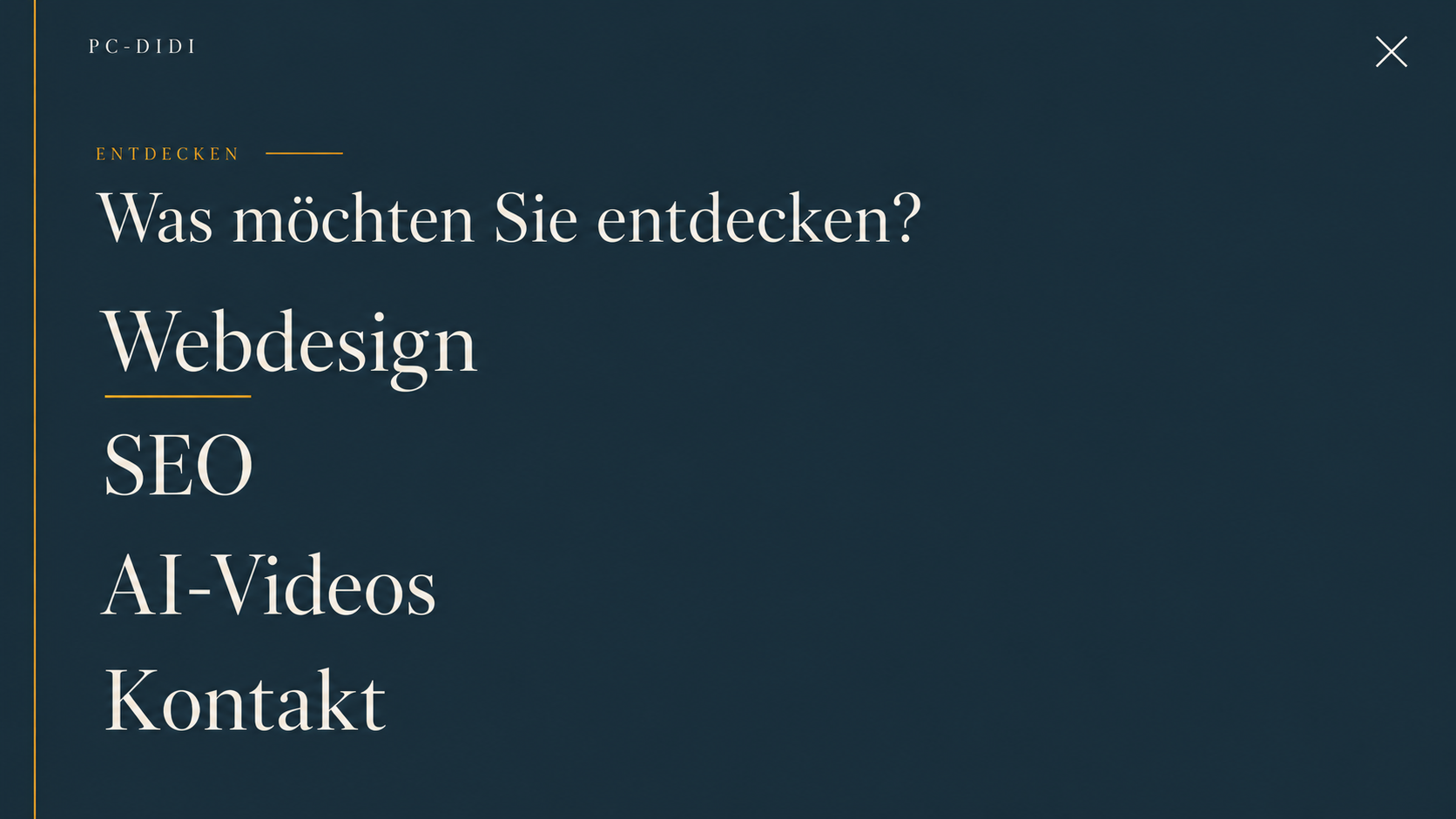 Designvorschau des EdelMenu Fullscreen Menu mit dunkelblauem Hintergrund, goldenen Akzenten und Vollbildnavigation