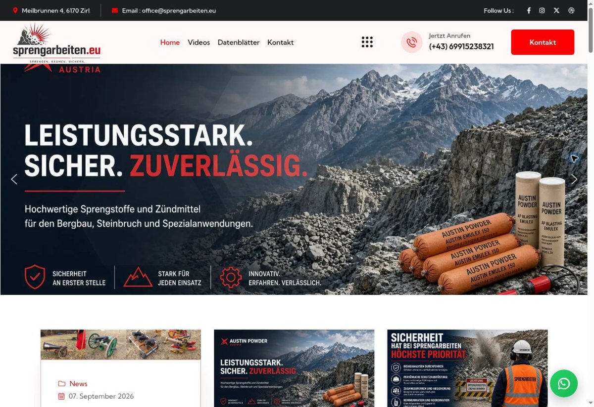 Startseite von Sprengarbeiten.eu mit alpinem Einsatzgebiet und Produkten